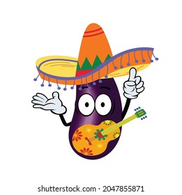 
cartoon mexican classical guitar player with purple eggplant icon with both hands and fingers raised