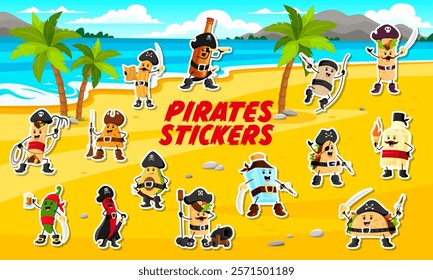 Cartoon Mexican cuisine food pirate and corsair characters stickers pack. Vector adventurous tex mex rover personages on a sunny beach with swords, hooks, hats, eyepatches, cannons and treasure trunks