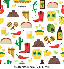 Cartoon Mexican Culture Background Pattern on a White Concept Travel and Tourism Flat Style Design. Vector illustration