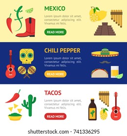 Cartoon Mexican Culture Banner Horizontal Set Concept Travel and Tourism Flat Style Design. Vector illustration