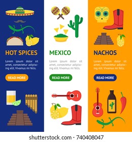 Cartoon Mexican Culture Color Banner Vecrtical Set Concept Travel and Tourism Flat Style Design. Vector illustration