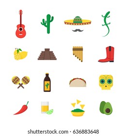 Cartoon Mexican Culture Color Icons Set Concept Travel and Tourism Flat Style Design. Vector illustration