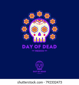 Cartoon Mexican cute skull vector illustration for Dia de los Muertos (Day of the Dead). Calavera flat emblem. Cute male skull with flowers.