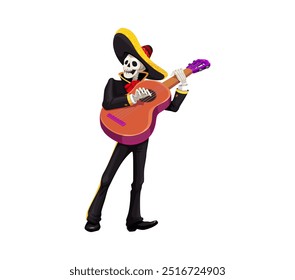 Cartoon dia mexicano do dia morto de los muertos mariachi personagem esqueleto tocando uma guitarra, comemorando a festividade tradicional mexicana, mostrando o espírito animado e música do evento cultural