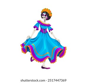 Cartoon mexican day of the dead dia de los muertos Catrin character. Skeleton dancer woman personage dressed in a bright blue dress with floral wreath, symbolizing cultural heritage and festive spirit