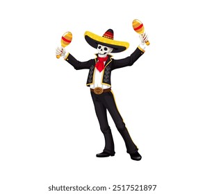 Caricatura mexicana del día de los muertos de los muertos personaje de músico de mariachi. Esqueleto vestido con atuendo tradicional juega maracas, simbolizando la cultura mexicana, celebración de eventos culturales festivos