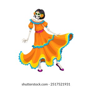 Cartoon mexican day of the dead dia de los muertos Catrin character dressed in bright orange dress, celebrating traditional event. Skeleton dancer woman exudes festive spirit with an artistic vibe