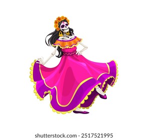 Cartoon Mexican day of the dead dia de los muertos Catrin character. Holiday skeleton woman personage dressed in a colorful dress dancing traditional flamenco, celebrating festive event with joy