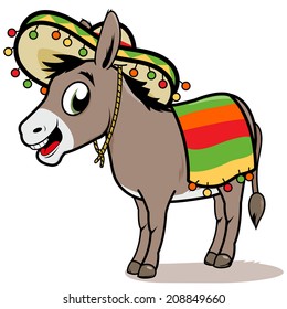 Cartoon Mexican donkey with a sombrero hat. Vector illustration.