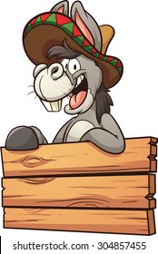 Cartoon Mexican donkey with wooden sign. Vector clip art illustration with simple gradients. All in a single layer. 