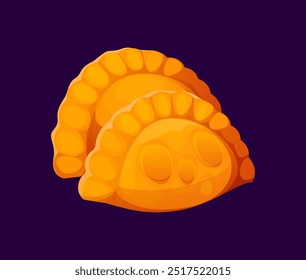 Empanadas mexicanas de dibujos animados, dos bolsillos de empanadas pastosas doradas y horneadas con un borde ondulado, textura deliciosa y crujiente, llena de carne. Vector aislado tradicional tex mex pastelería, panadería