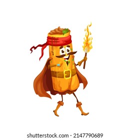 Cartoon mexican enchilada pirate character with torch. Vector roll of corn tortilla Caribbean corsair emoji searching for pirate captain treasure with pocket compass, torchlight, fast food personage