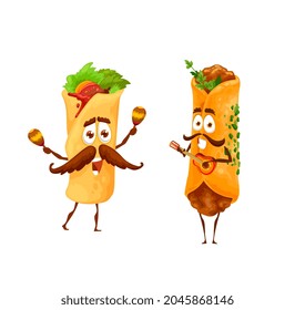 Cartoon mexican enchiladas and burritos happy characters. Mexican cuisine street restaurant meals with corn tortilla, meat and vegetables, funny burrito and enchilada playing on guitar and maraca