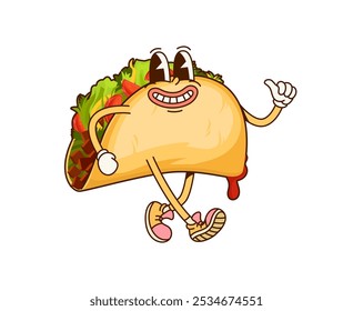 Caricatura mexicana de comida rápida taco groovy carácter. Menú chatarra merienda infantil de dibujos animados funky mascota, taco de cafetería para llevar o comida rápida restaurante comida linda vintage aislado Vector groovy personaje