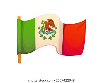 Cartoon Mexican flag with green, white and red stripes, eagle perched on cactus with snake in its beak. vector banner or pennant symbolizes national pride, unity and rich cultural heritage of Mexico