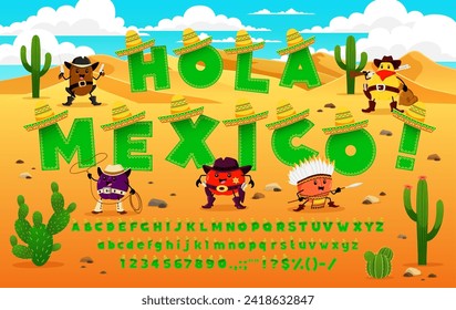 Cartoon Mexican font or Hispanic type with sombrero hat, Latin American or Western typeface, vector alphabet. Mexican font letters or Mexico typography for tequila, Mexico cuisine or fiesta carnival