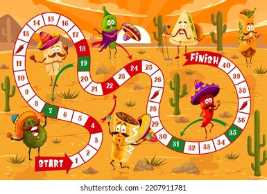 Cartoon mexican food character in desert kids board game. Vector walk boardgame with numbered snake path and tex mex snacks chili pepper, tacos and jalapeno, burrito and avocado, quesadilla, enchilada svg