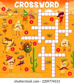Cartoon mexican food characters crossword puzzle game grid, find a word quiz worksheet. Vector jalapeno, avocado, chile, quesadilla, enchilada, burrito, churros, nachos and taco, fajitas, chimichanga svg