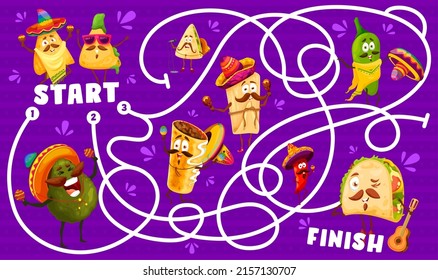 Cartoon Mexican Food Characters Labyrinth Maze Riddle. Cartoon Vector Kids Board Game With Nachos, Avocado, Tacos And Burrito With Enchiladas And Jalapeno Peppers. Boardgame With Tex Mex Personages