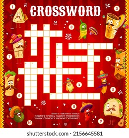 Cartoon mexican food characters on crossword puzzle game. Find a word quiz logical riddle vector worksheet. Kids educational puzzle or game with tex mex cartoon personages