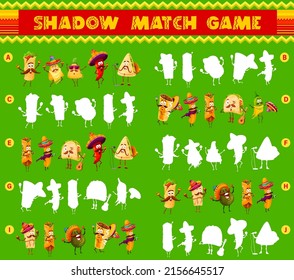 Cartoon Mexican food characters shadow match game. Vector puzzle or kids education riddle. Find and connect silhouettes of funny burrito, taco, pepper and quesadilla, nachos, jalapeno and avocado