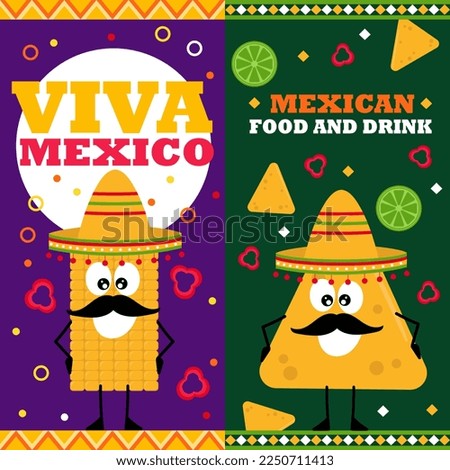 Cartoon mexican food. Vertical vector banners with cheerful characters in sombretro, with mustache. Promo vector illustration. Mexican restaurant.