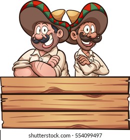 Cartoon Mexican friends with a wooden sign. Vector clip art illustration with simple gradients. Each on a separate layer. 