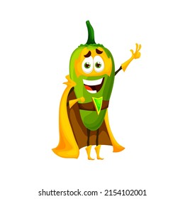 Caricatura del personaje de superhéroe de pimienta verde mexicano. Funny vectorial chile vegetal en el super héroe amarillo capa y máscara mostrar símbolo de paz. Personaje de menú de cuento de hadas, héroe aislado poderoso de especias