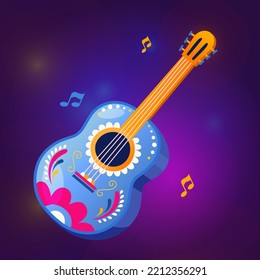 Cartoon Mexican guitar isolated on colorful background