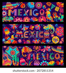 Cartoon Mexican holiday, music and culture vector banners with sombrero, guitars, birds, flowers and cactus. Mexican paper craft art alebrije, Mexico fiesta party poncho and papel picado decoration