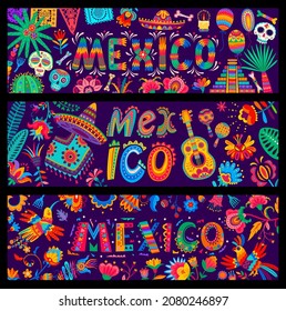 Cartoon Mexican Holiday Vector Banners With Day Of The Dead Sugar Skulls, Paper Flags, Sombrero And Poncho Pattern. Mexico Guitar, Maracas And Flowers, Cactuses, Tropical Hummingbird And Parrot Birds