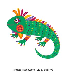 Cartoon mexican iguana, chameleon with mexican tribal motif, exotic tropical reptile for Cinco de Mayo or Dia de Los Muertos carnival bright lizard