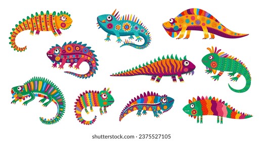 Cartoon Mexican iguana lizard characters, reptiles with ethnic ornament, vector funny animals. Iguanas lizard with Mexican folk art pattern ornament, tropical lizard or gecko with cute faces