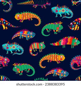 Cartoon Mexican iguana lizards characters, vector seamless pattern background. Colorful exotic pattern of iguana lizard animals with Mexican folk ethnic ornament, reptiles in Latin alebrije pattern