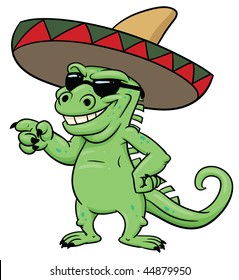 Cartoon Mexican iguana wearing shades ans sombrero.