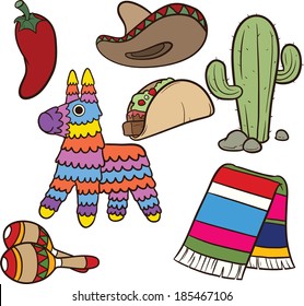 Cartoon Mexican items.Vector clip art illustration. Each element on a separate layer.