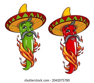 Cartoon Mexican jalapeno or chili pepper vector mascot character in sombrero with fire flames. Red chili and green jalapeno pepper with mustaches, hot food cuisine of Mexico and fiesta symbol