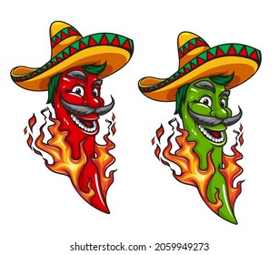 Cartoon mexican jalapeno or chili pepper mascot character in sombrero with fire flames. Mexican food hot spice happy smiling vector moustached personage, red and green chilli peppers in flames