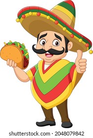 Cartoon mexican man holding taco and giving thumb up