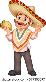 Cartoon mexican man holding taco