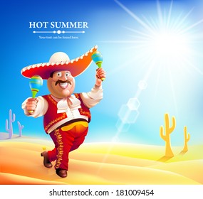 Cartoon mexican man with sombrero holding a bottle and maracas while jumping
