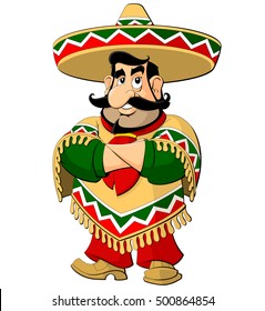 Cartoon Mexican man in a sombrero and poncho.