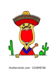 A cartoon of a Mexican man wearing a sombrero hat with a wide open mouth with blank space for text.