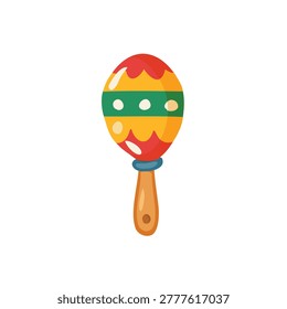 Cartoon mexican maraca with red yellow green pattern and wooden handle for children music education cultural