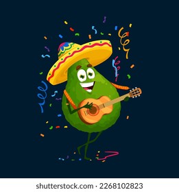 Cartoon mexican mariachi avocado character on holiday party. Cheerful folk musician artist fruit personage in sombrero playing guitar and singing on traditional Cinco de Mayo festival with confetti