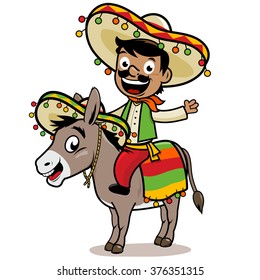 Cartoon Mexican mariachi man riding a donkey. Vector illustration