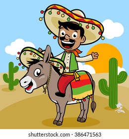 Cartoon Mexican mariachi man riding a donkey in the desert. Vector illustration