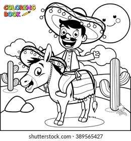 Cartoon Mexican mariachi man riding a donkey in the desert. Vector black and white coloring page.