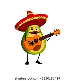 Cartoon mexican mariachi musician avocado character in sombrero hat playing a guitar. Isolated vector amusing tropical fruit personage perform musical concert during Cinco de Mayo holiday celebration