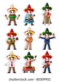 cartoon Mexican music band icon set